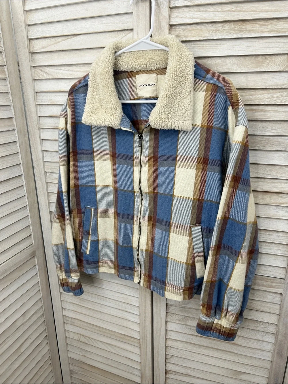 Lucky Brand Blue Plaid Sherpa Collar Zip Jacket Size Medium